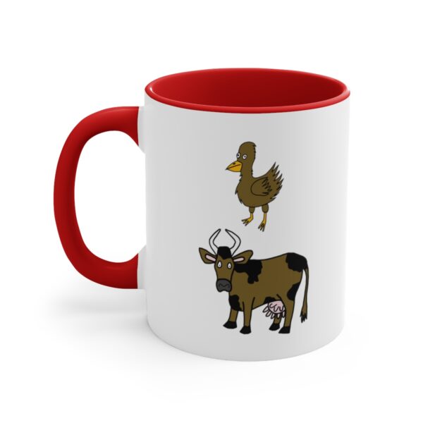 Brown Chicken Brown Cow White Coffee Mug With Red Handle And Interior – Left Hand View.