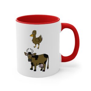 Brown Chicken Brown Cow White Coffee Mug With Red Handle And Interior – Right Hand View.