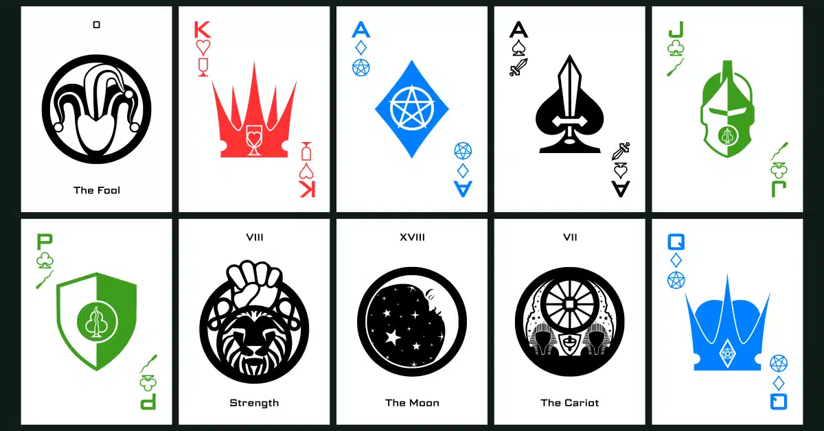 An image of several example of cards from the IKONOLOGY tarot deck