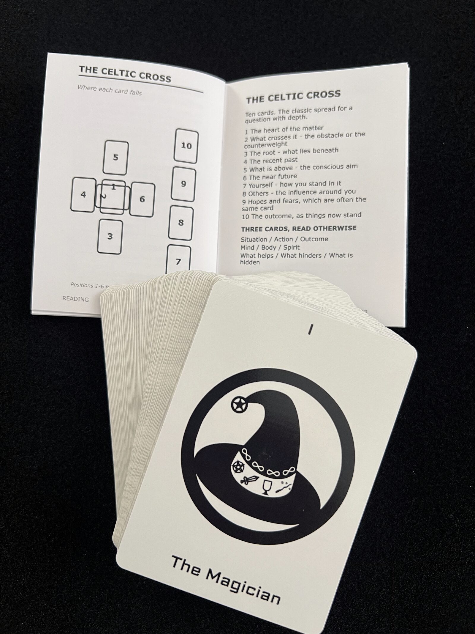 The Ikonology booklet open to the Celtic Cross spread, with the Magician card