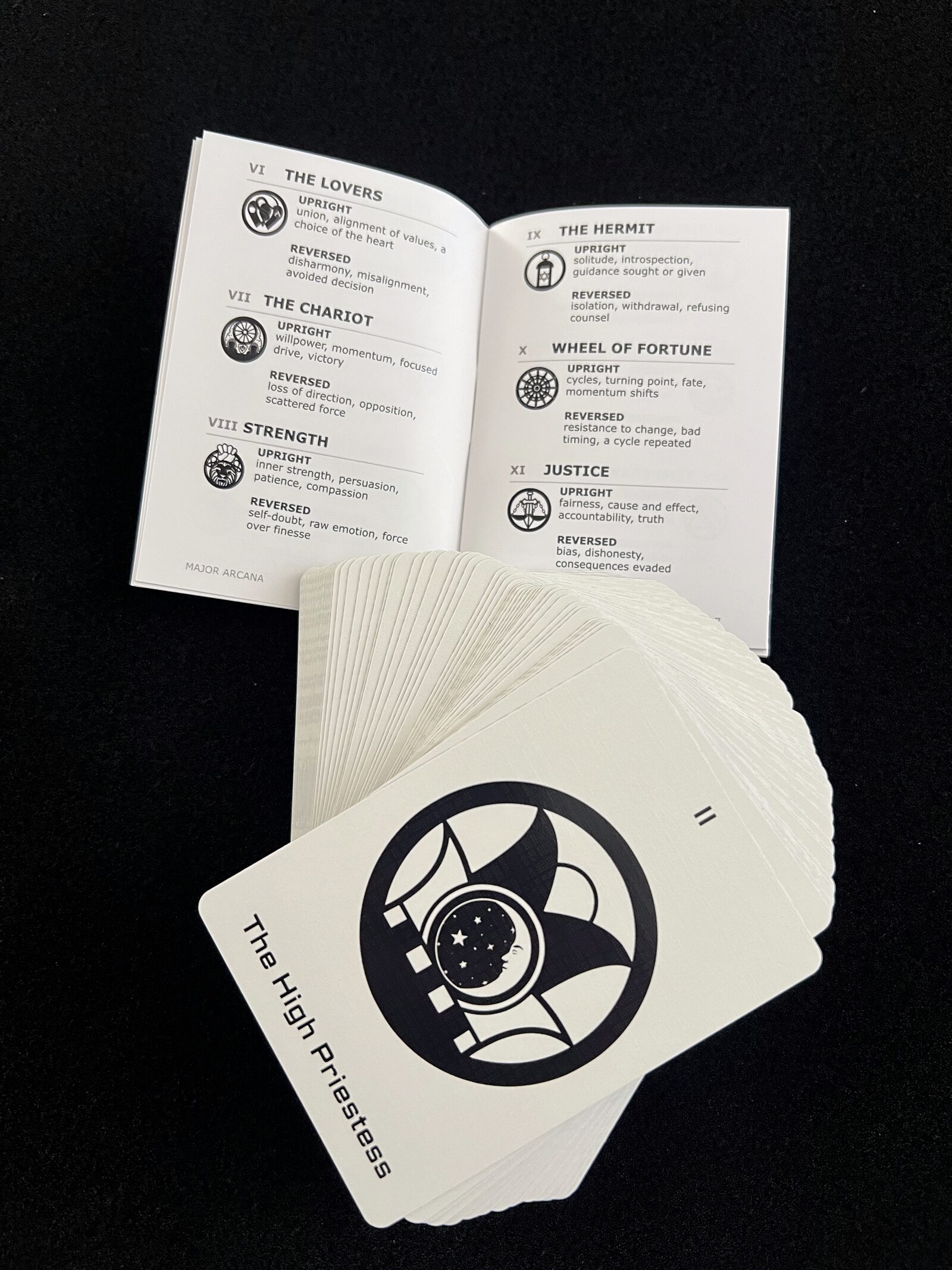 The 40-page Ikonology booklet open to the Major Arcana pages, with the deck